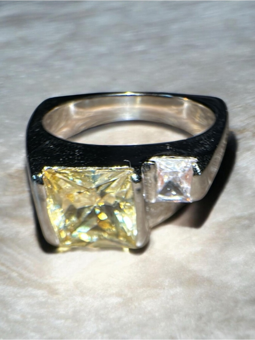Rhodium plated Two-Stone Ring with Yellow and Clear Square Stones